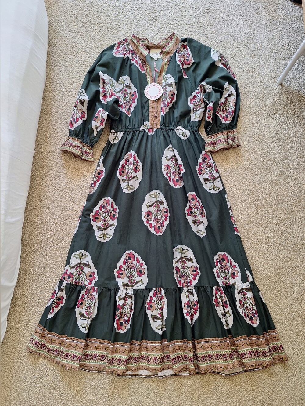 Umgee Forest Green Maxi Dress with Pink Floral Medallions Size M - Pls Read